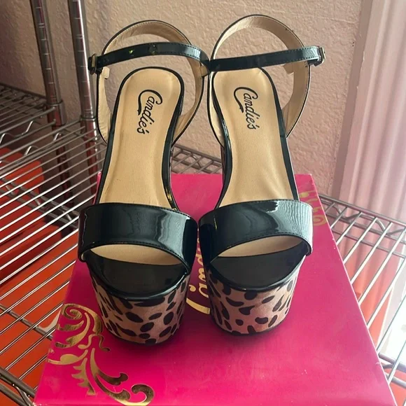 281 New box candies women's fern black print cheetah open toe sandal heels tan - Picture 2 of 9